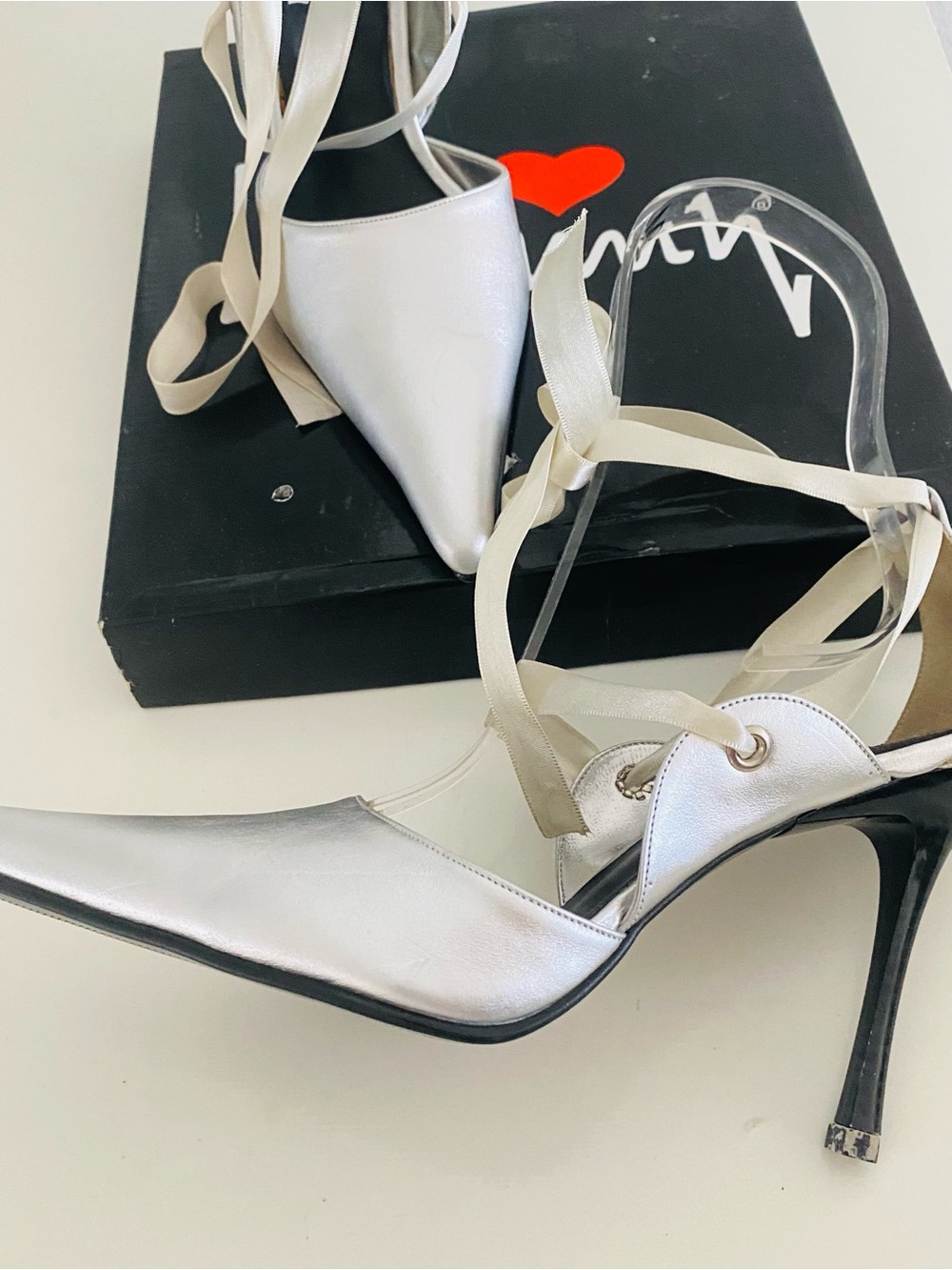 Silver Pointed-Toe Lace-Up Heels for Women
